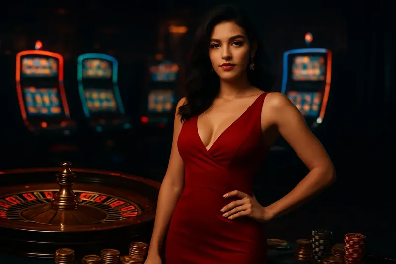 Elegant Casino Banner Beautiful woman in red dress standing near roulette and slot machines in luxury Bangladesh casino with neon lights and gold coins