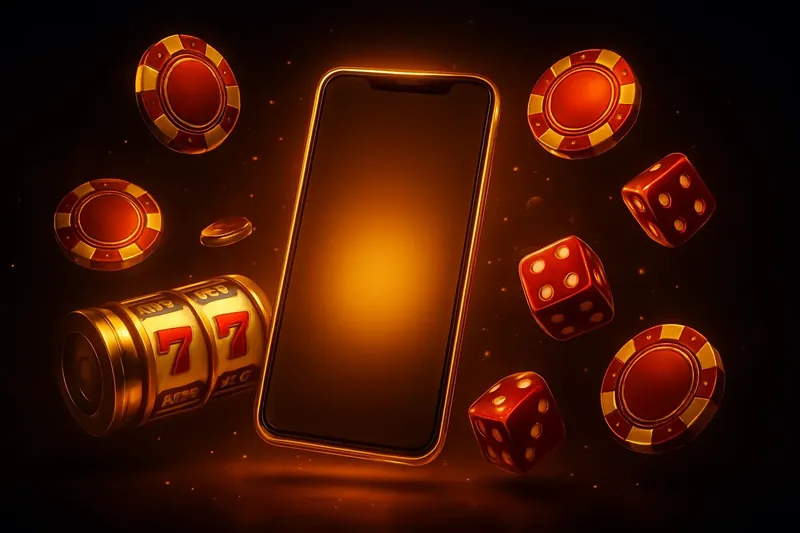 Casino Promo Banner Glowing smartphone surrounded by casino chips, slot reels, and dice on a dark luxurious background